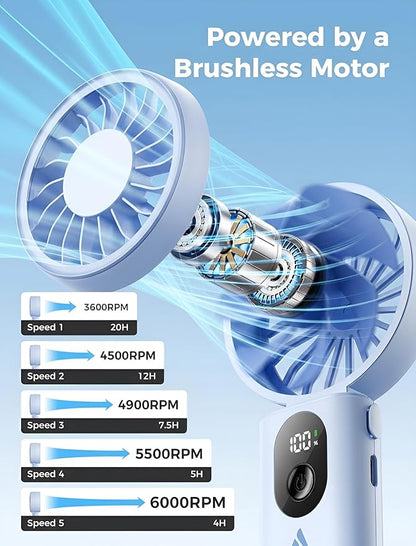 Aecooly Mighty Portable Handheld Fan | 20H Max Cooling Time | 3 Flexible Modes | 5 Speeds Wind | Battery Level Display | USB Rechargeable Mini Personal Battery Powered, Gifts for Women, Travel -Blue