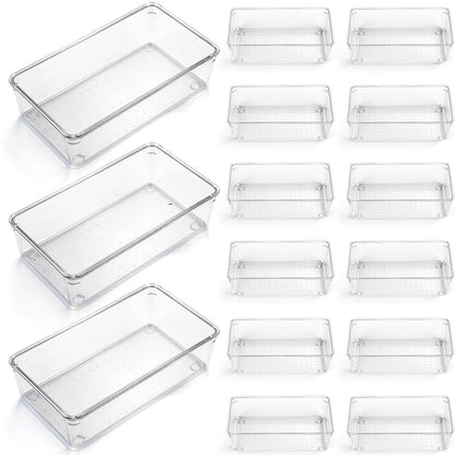 12 Pcs Clear Drawer Organizer 9 x 6 x 2 Inches Plastic Rectangle Trays Makeup Vanity Storage Bins and Kitchen Drawers Dividers for Office Desk Silverware Kitchen Utensils (12 Count)
