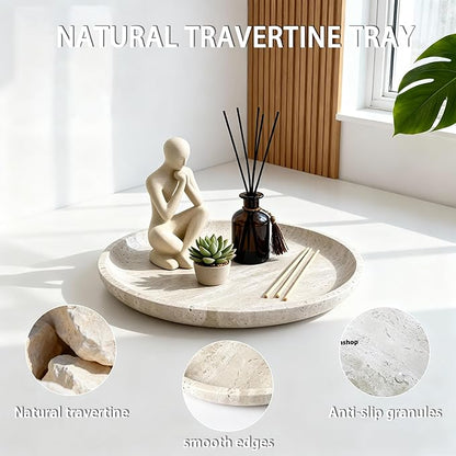 Vanity Tray for Bathroom, Dresser, Counter, Home Decor 10.24” D x 1.18”H Travertine Round Decorative Tray for Candles, Perfumes, Jewelry, Plants Natural Stone Organiser Dish Beige (NS053)