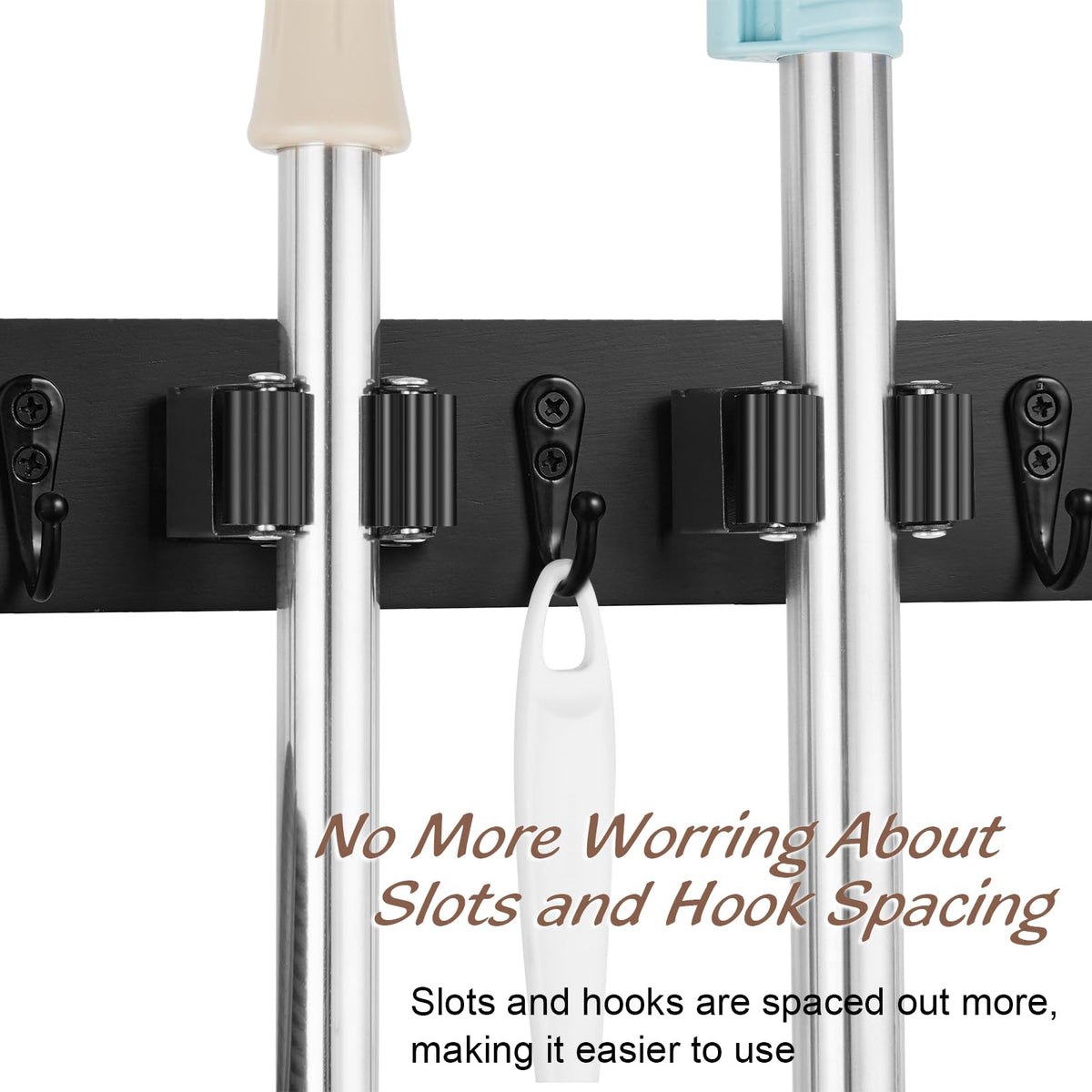 Black Mop Broom Holder Wall Mount with 4 Slots & 4 Hooks