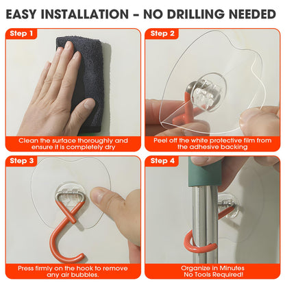 No Drill Broom Holder Adhesive Wall Hooks Heavy Duty Mop Hooks 2Pcs (2 Count)