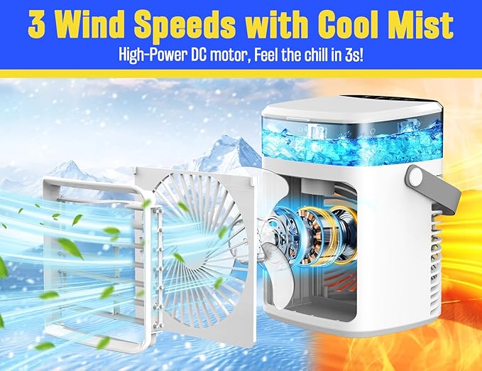 Portable Air Conditioners - Rechargeable Evaporative Air Cooler Humidifier with 3 Speeds, 2/4H Timer & 7 Colors Light Portable AC Unit Personal Mini Air Conditioner Cooling Fan for Bedroom Home Office
