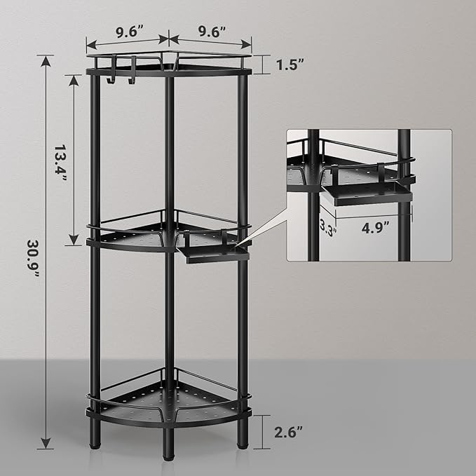 ELYKEN Corner Shower Caddy Standing, 3 Tier Rustproof Metal Shower Organizer with Soap Holder, Floor Shower Corner Shelf Rack Storage Stands with Adjustable Feet & 2 Hooks for Bathroom, Black