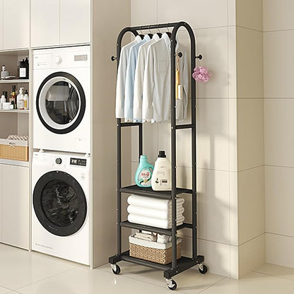 Dttwacoyh Narrow Hall Tree for Small Space, Small Coat Rack with Shoe Shelves, Tall Free Standing Metal Garment Rack on Wheels and Hanging Hooks for Entryway, Mud Room, Laundry Room – Black