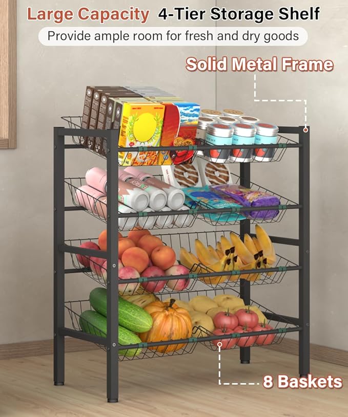 4-Tier Kitchen Storage Rack, Metal Pantry Storage Stand, Fruit Basket Stand with 8 Fruit Vegetable Baskets, Freestanding Snack Organizer Shelf Unit for Living Room, Office, Apartment, Black