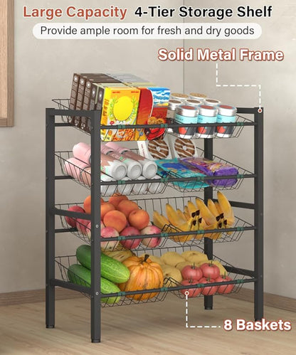4-Tier Kitchen Storage Rack, Metal Pantry Storage Stand, Fruit Basket Stand with 8 Fruit Vegetable Baskets, Freestanding Snack Organizer Shelf Unit for Living Room, Office, Apartment, Black