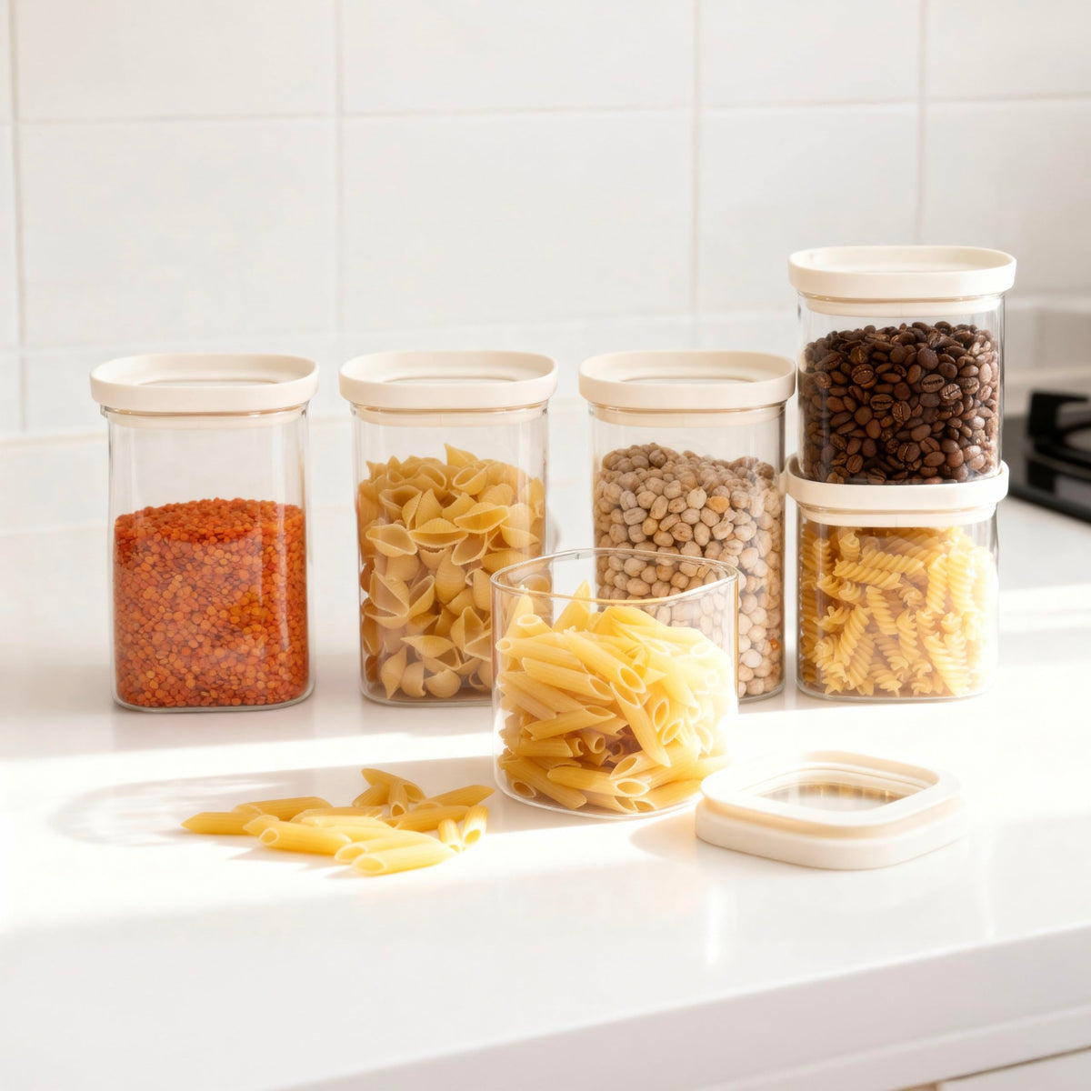 Glass Food Storage Jar with Glass Lid in Square Shape (6 Count)