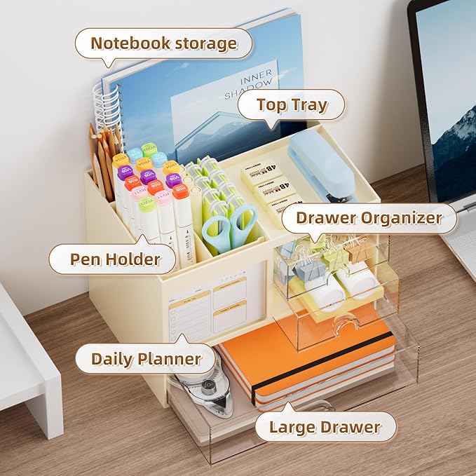 Marbrasse Desk Organizer with 3 Drawer, Multi-Functional Pencil Pen Holder for Desk, Desktop Organizer Storage for Office Home Art Supplies (Beige)