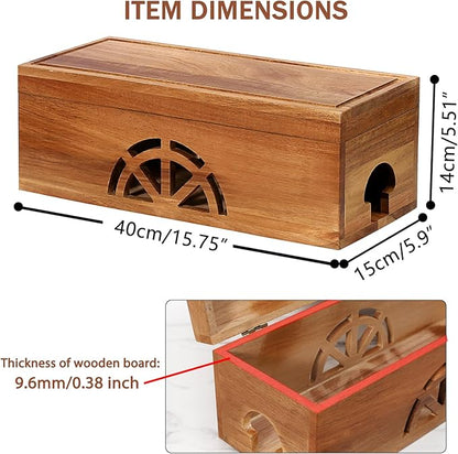 Wood Cable Management Box - 15.8" (L) x 6" (W) 5.5" (H) Acacia Wood Cable Hider Box, Cord Hider with Magnet Design & Outlet Hole, Power Strip Surge Protect & Organizer for Home Office Kitchen TV Wires