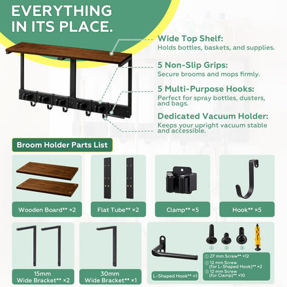 Heavy Duty Broom Holder Wall Mount with Cleaning Supplies Organizer