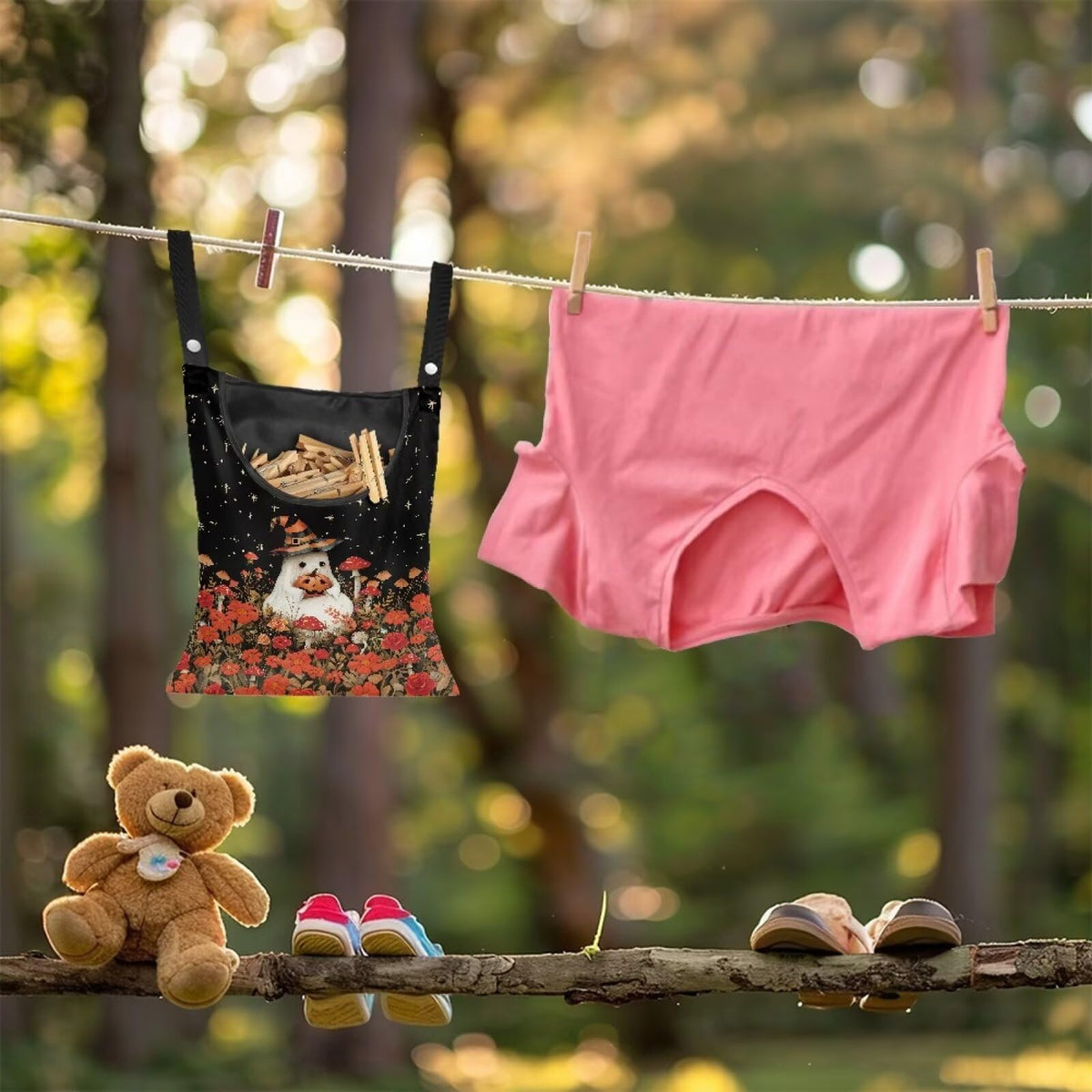 Halloween Ghost Clothespin Bag Laundry Hanging Storage Organizer with Rope Red Mushroom Clothespin Holder with Large Opening for Clothesline Outdoor Clothespins Storage