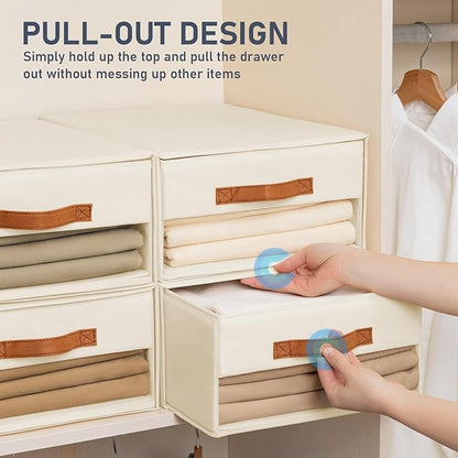 DIMJ Closet Organizers and Storage - Fabric Bins with Drawers for Closet Foldable Clothes Organizers with Clear Window, Stackable Storage Drawers for Bedroom, Living Room, 4-Pack, Beige