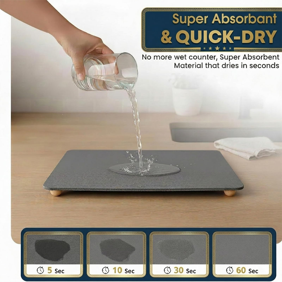 Stone Drying Mat for Kitchen Counter with 5 Wooden Feet