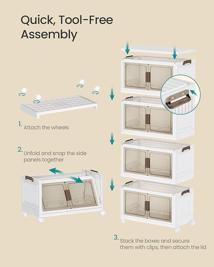 SONGMICS 58QT Plastic Storage Bins with 1 Lid, 4-Tier Stackable Bins with Doors and Wheels, Foldable Storage Boxes, for Closets, Bedroom, Living Room, Office, White URLB460WZ01