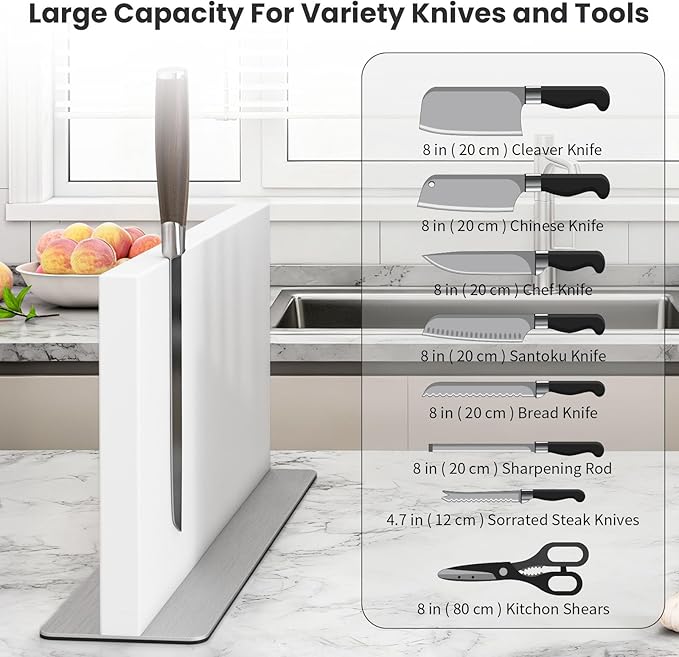 THMINS Large White Magnetic Knife Block Stainless Steel Double-Sided Magnetic Knife Holder, Universal Multi-function Display Rack for Kitchen Counter