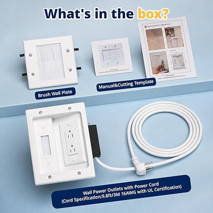 in Wall Cable Management Kit, TV Cable Hider Wall Kit, Hide Messy Wires, Recessed Outlet Box with 9.8FT Cord for Wall Mount TV, Home Theater, Cords Organizer, Living Room, Family Room, Office