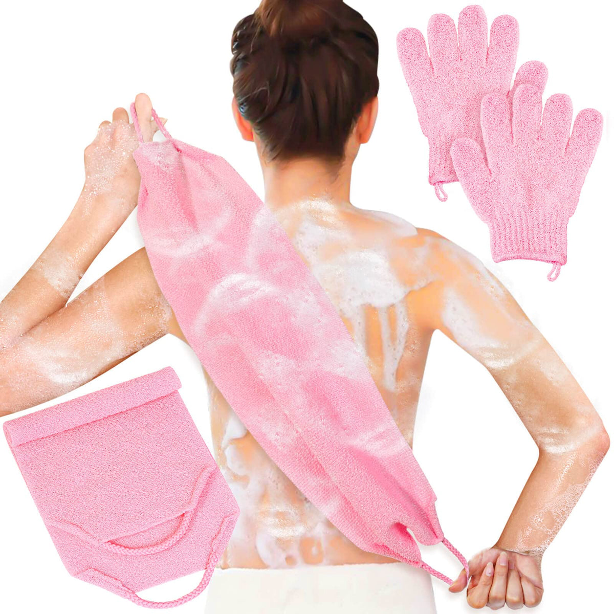 Exfoliating Shower Bath Gloves Back Scrubber Set for Body (3 Count)