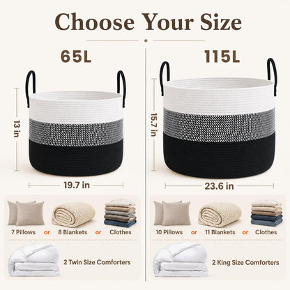 65L Extra Large Machine Washable Cotton Rope Blanket Basket