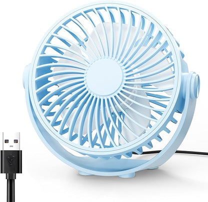 Edvision USB Desk Fan, 5 Inch Mini Portable, 3 Speeds Strong Airflow Personal Desktop, Detachable Cooling Fan 360° Rotation Quiet Small Fan for Desk Home Office Travel Car, Blue, 5ft Cable