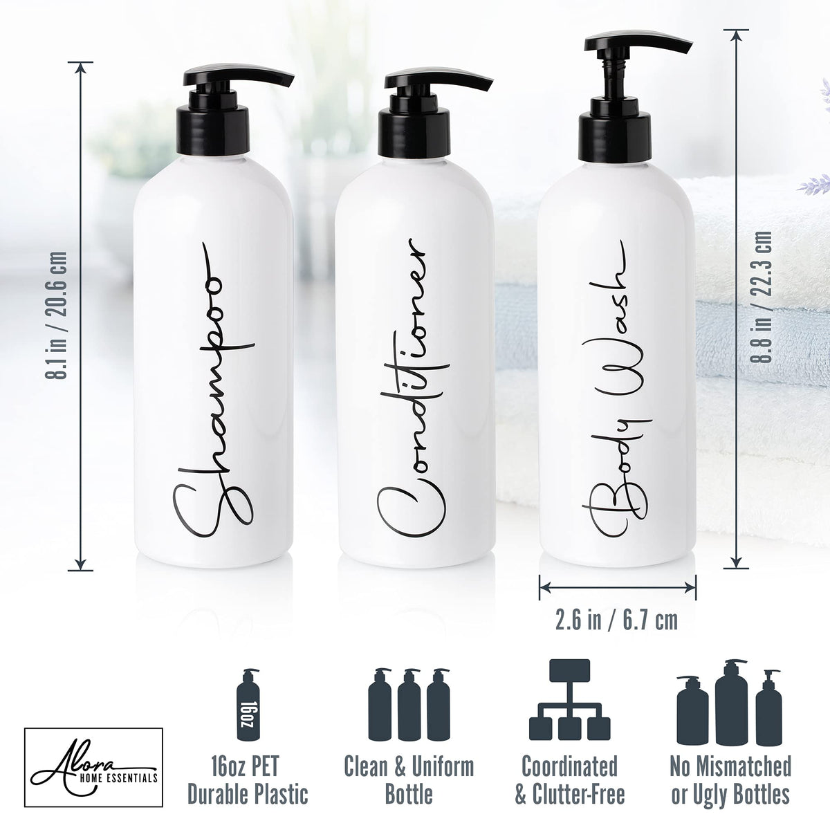 Alora 16oz Refillable Shampoo and Conditioner Dispenser Bottles (3 Count)