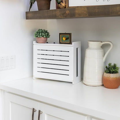 Wooden WiFi Router Storage Box - Standard Wall Mountable Decorative Modem Shelf Hider Cover with Cable Management System - Rustic Home Organization Solution for Most Routers Up To 11" Tall - White