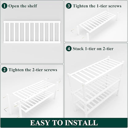 Smiry Bamboo Shoe Rack, 3 Tier Free Standing Wooden Shoe Organizer, Stackable Wood Shoe Storage Shelf for Closet, Entryway, 14 Vertical Slats, 2+1 Stack Heavy-Duty Legs, 26.8"x11"x19.5", White