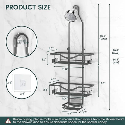 REINHARDT Shower Caddy Hanging Adjustable, Extended Length Rustproof Shower Caddy Over Shower Head with Hooks Soap Holder, Large Capacity Shower Organizer Anti-Swing Bathroom Organizer, Grey