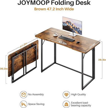 JOYMOOP Folding Desk Rustic Brown - 47.2", No Assembly Foldable Desk for Home, Office - Large Size, Wooden Top Folding Computer Desk for Working, Writing, Studying