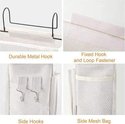 Surblue Bedside Caddy Bedside Storage Bag Hanging Organizer for Bunk, Hospital Beds, Dorm Rooms Bed Rails Camp 4 Pockets and 2 Hooks (White)