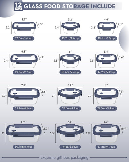 12 Pack Glass Containers with Tempered Lids (12 Count)