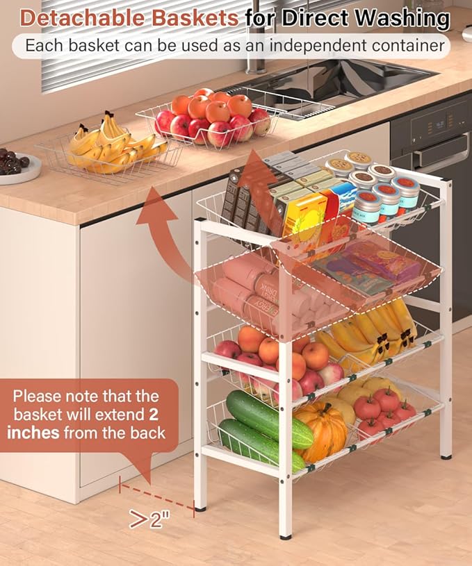 4-Tier Kitchen Storage Rack, Metal Pantry Storage Stand, Fruit Basket Stand with 8 Fruit Vegetable Baskets, Freestanding Snack Organizer Shelf Unit for Living Room, Office, Apartment, White