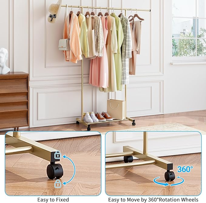SUOERNUO Clothes Rack with Wheels Rolling Clothing Rack for Hanging Clothes, Portable Metal Garment Rack for Bedroom Laundry Living Room (Gold, 59.05"*15.75"*59.45")