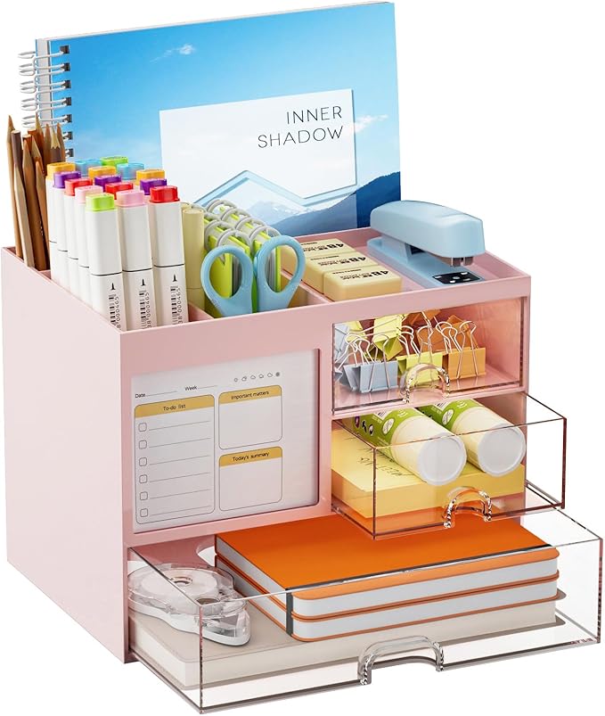 Marbrasse Desk Organizer with 3 Drawer, Multi-Functional Pencil Pen Holder for Desk, Desk Organizers and Accessories with 4 Compartments, Desktop Organizer Storage for Office Home Art Supplies (Pink)