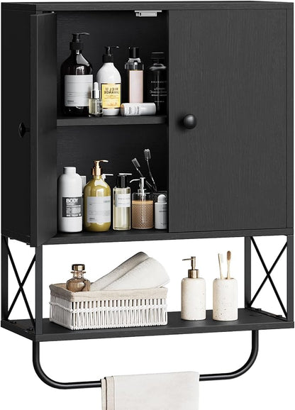 MAHANCRIS Bathroom Wall Cabinet with 2 Door and Adjustable Shelf, Farmhouse Medicine Cabinet with Towel Rack, 3-Tier Wall Mounted Storage Cabinet Over The Toilet for Bathroom, 18.9" L, Black