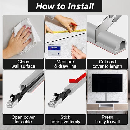Wall Cord Hider, Flexible Self-Adhesive Wire Cover, Side-Open Cable Raceway for Cords on Wall, Cord Concealer for Mounted TV, Home Theater & Office (Gray, Regular-118inch)