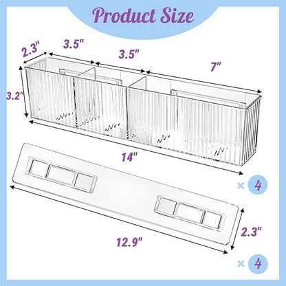 4 Pack Wall Mount Makeup Organizer, 14" Plastic Bathroom Storage Organizer with 3 Compartments, Clear Adhesive Shower Floating Shelf Cabinet Door Organizer for Wall Narrow Space Office