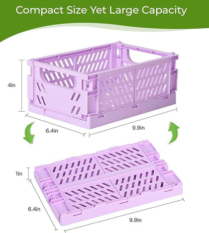 HUUSMOT 4-Pack Small Pastel Plastic Storage Baskets, Collapsible Crates for Organizing, Space-Saving Mini Bins for Classroom, Kitchen, Office, Bedroom (Purple, 9.8" x 6.5" x 3.8")