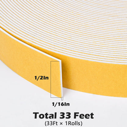 White Door Window Weather Stripping Self Adhesive Foam Tape High Density Foam Sealing Strip Window Insulation Weatherproof Gasket Tape for Doors and Windows (33 Foot)