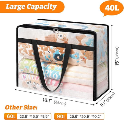 BlissTotes 6 Pack Clear Clothes Storage Bags, Moving Bags, Foldable Blanket Storage Under Bed Storage Containers with Sturdy Zipper and Handle for Clothing, Comforter, Bedding, Sheet (40L)