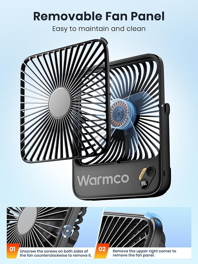 Warmco 10000mAh Portable Travel Fan 7-inch, Max 24H Runtime, Ultra-thin Quiet Rechargeable Battery Operated Desk Fan with Digital Display for Camping, Office, Bedroom, Cruise Essentials