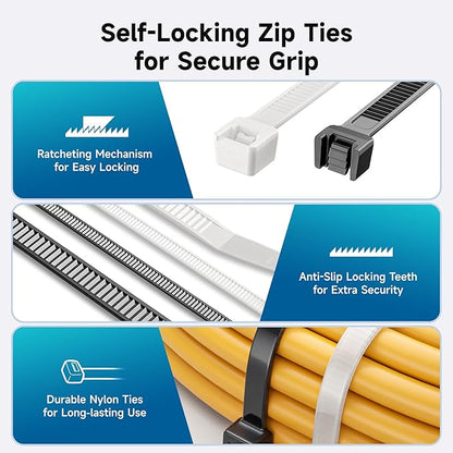 Cable Matters 140-Pack Cable Ties for Indoor and Outdoor, 6, 12-Inch Self-Locking Nylon Zip Ties Assorted Sizes, Tie Wraps for Multiple Use, Self Locking Zipties in Black and White