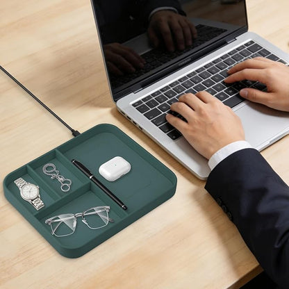 VOVIPO Faux Leather Valet Tray,with 2 in 1 Wireless Charging Compitable With iPhone/17/16/15/15 Plus/15 Pro/15 Pro Max/14/13/12/Wireless earphones,Office/Home Desk Organizers Tray-Mint