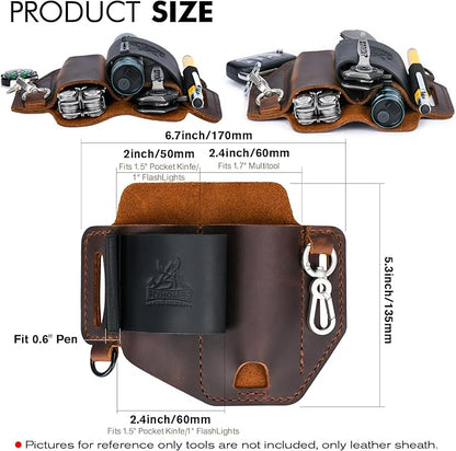 FLYHOMES Genuine Leather Multitool Sheath | Handmade Stitched EDC Belt Organizer for Leatherman Surge | Flashlight, Knife Holster, Pen & Tools Pouch | Dark Brown + Black (Large)