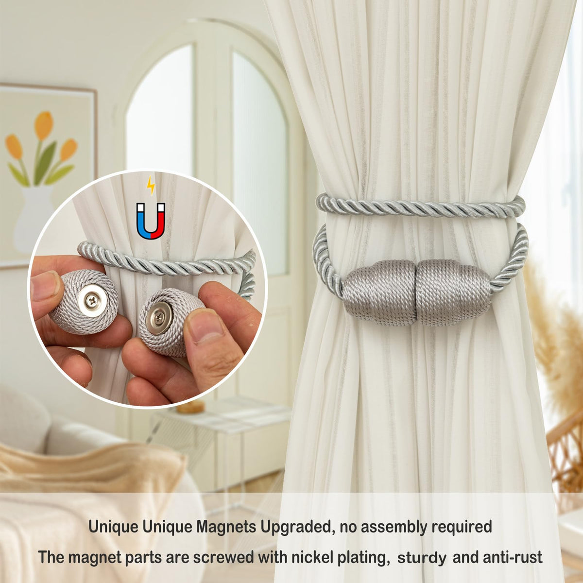 Magnetic Curtain Tiebacks Rope Curtain Tie Backs for Curtains 6 Pack Curtain Holders for Drapes Decorative Window Curtain Holdbacks (6 Count)