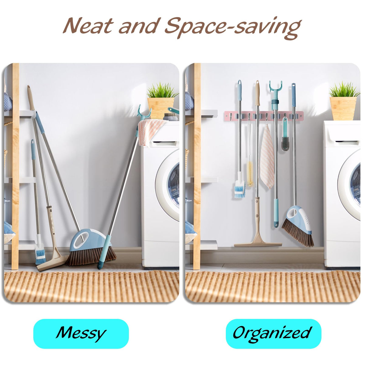 Pink Mop Broom Holder Wall Mount with 4 Slots & 4 Hooks