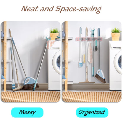 Pink Mop Broom Holder Wall Mount with 4 Slots & 4 Hooks