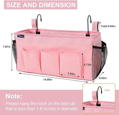 Surblue Bedside Organizer with Hook & Caddy Hanging Storage Bag with Adjustable Straps and Water Bottle Holder for Home, College, Dorm Bunk Bed & Crib Bed Rails Accessories, Pink