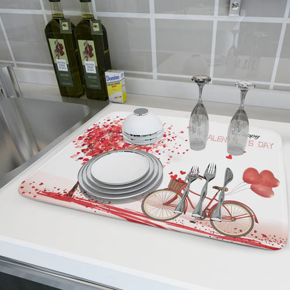 Romantic Valentine's Day Dish Drying Mat for Kitchen Valentines Bike and Tree Dish Drying Pad 18x24 Absorbent Reversible Happy Valentine Dishes Drainer Pad Holiday Dish Drying Rack Mat for Countertop