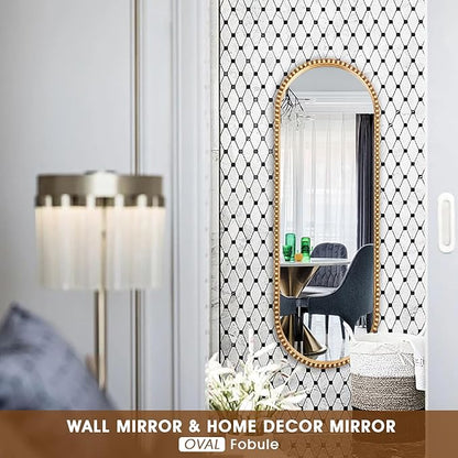 Oval Full Length Mirror, 16"x47" Metal Beaded Frame Large Hanging Dressing Floor Mirror for Bedroom, Living Room, Entryway, Antique Gold (No Stand)