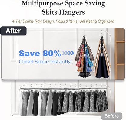 HOUSE DAY Skirt Hangers Space Saving 2 Pack, Double Row 4-Tier Non-Slip Hangers with Clips for Skirts, Shorts, and Pants - Lotus Wood Clip Hanger for Women - Closet Organizers and Storage (Black)